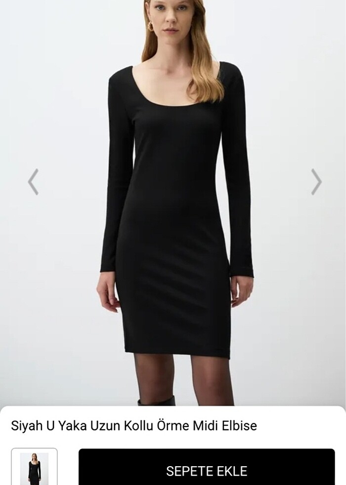 Siyah u yaka uzun kollu örme midi elbise - Görsel 4