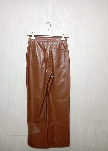 Deri fermuarlı bol pantolon kahverengi 