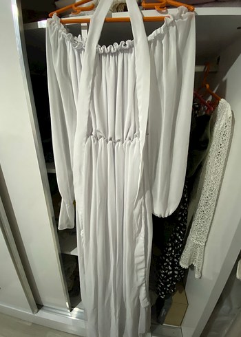 Uzun Beyaz Askılı Hamile Elbisesi - Görsel 3