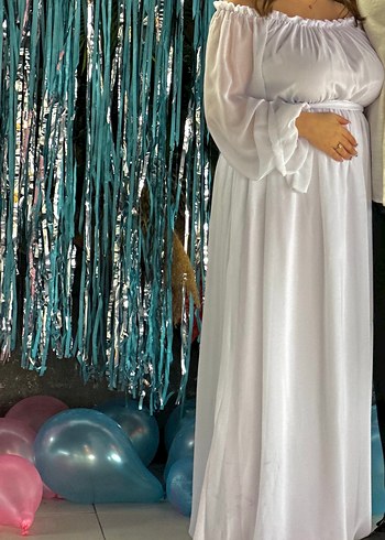 Uzun Beyaz Askılı Hamile Elbisesi - Görsel 4