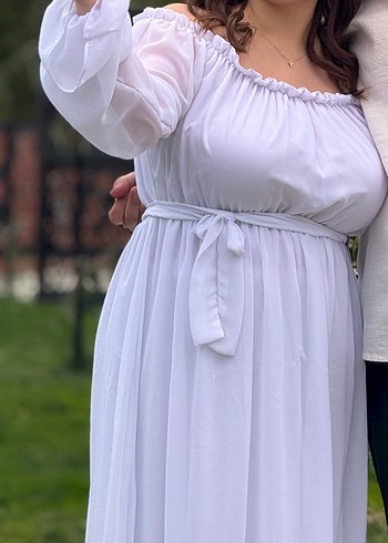 Uzun Beyaz Askılı Hamile Elbisesi - Görsel 5