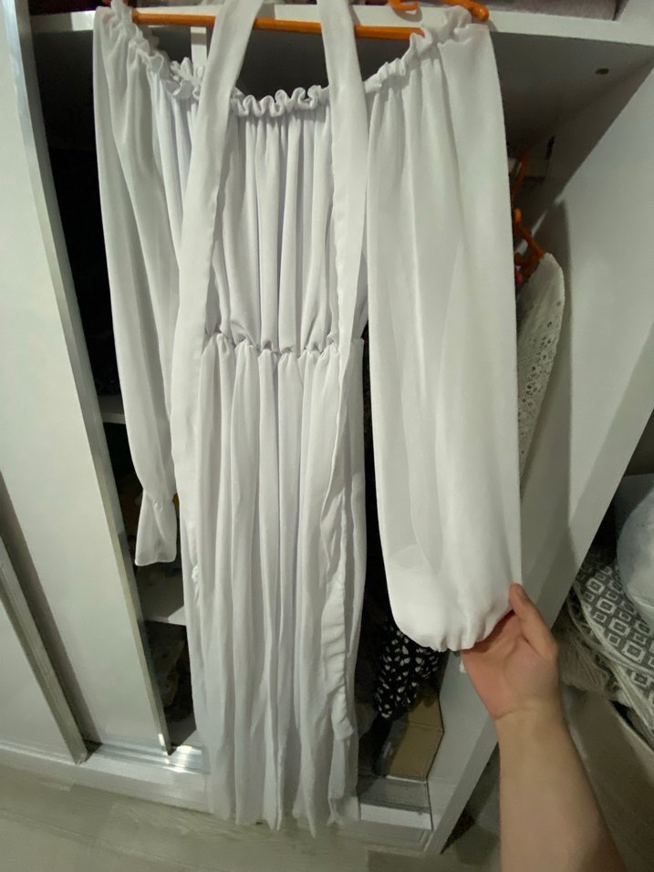 Uzun Beyaz Askılı Hamile Elbisesi - Görsel 2