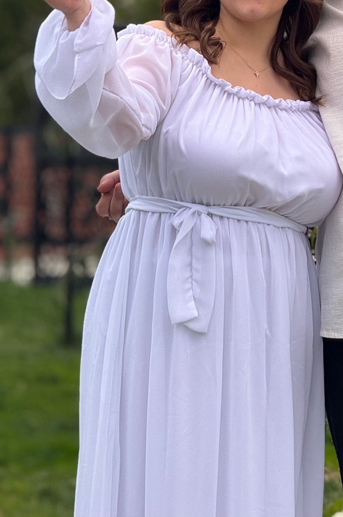 Uzun Beyaz Askılı Hamile Elbisesi - Görsel 5