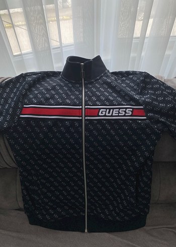 Guess Siyah Monogramli Fermuarli Spor Ceket