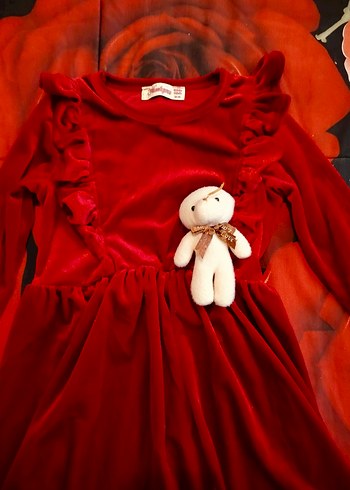 Kız Çocuk Kırmızı Kapüşonlu Fırfırlı Elbise - Görsel 2