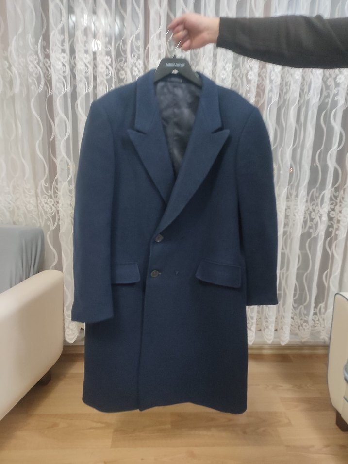 Lacivert Erkek Yün Palto, Düğmeli, Uzun Kesim - Görsel 3