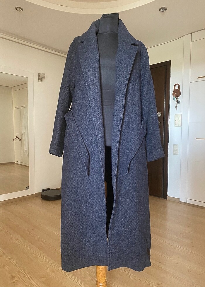 Lacivert Uzun Kaşe manto palto kaban - Görsel 2
