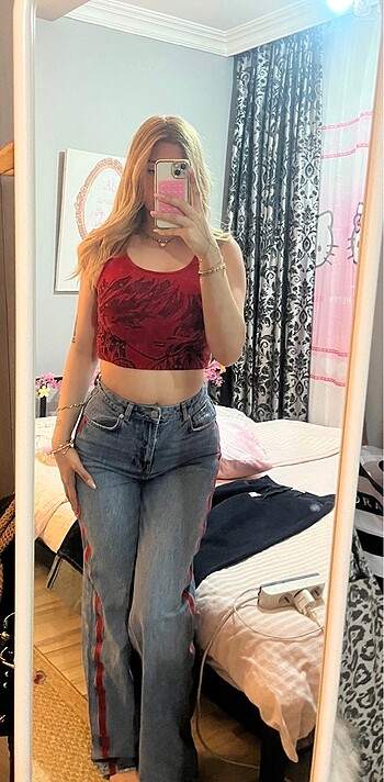 m Beden Kırmızı çizgili crop