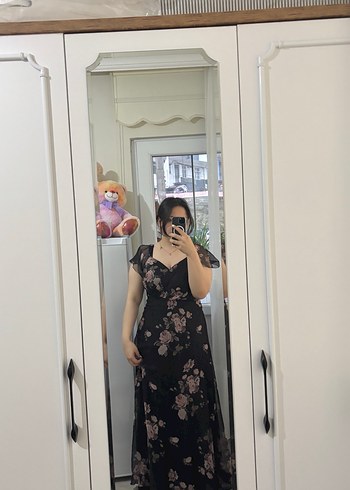 Siyah Çiçekli Straplez uzun boy Elbise - Görsel 2