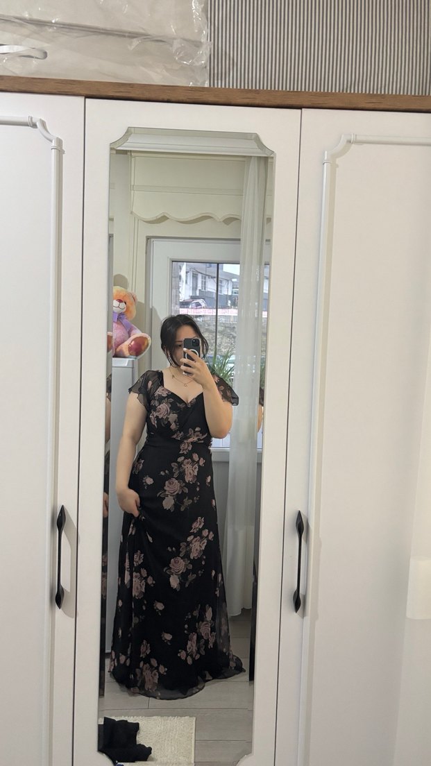 Siyah Çiçekli Straplez uzun boy Elbise - Görsel 3