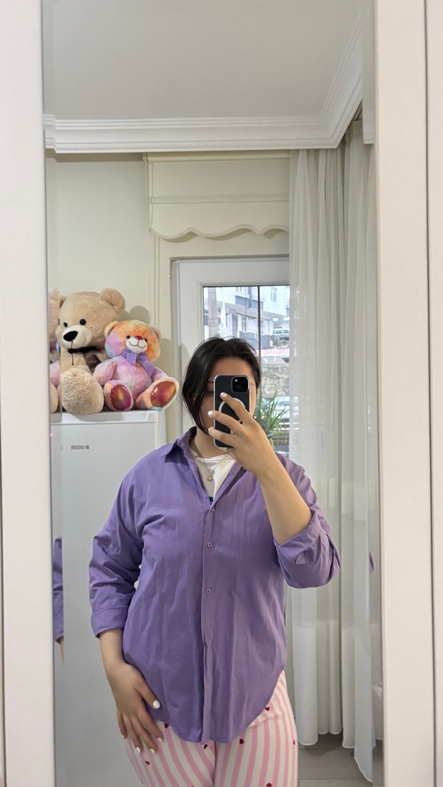 Mor Düğmeli Uzun Kollu Kadın Gömlek - Görsel 5