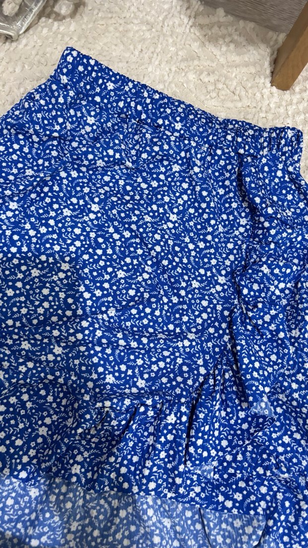 Mavi Çiçek Desenli Kadın Mini Etek - Görsel 4