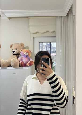 Çizgili Beyaz Triko Kadın Kazak - Görsel 5