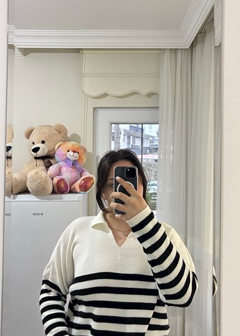 Çizgili Beyaz Triko Kadın Kazak - Görsel 4