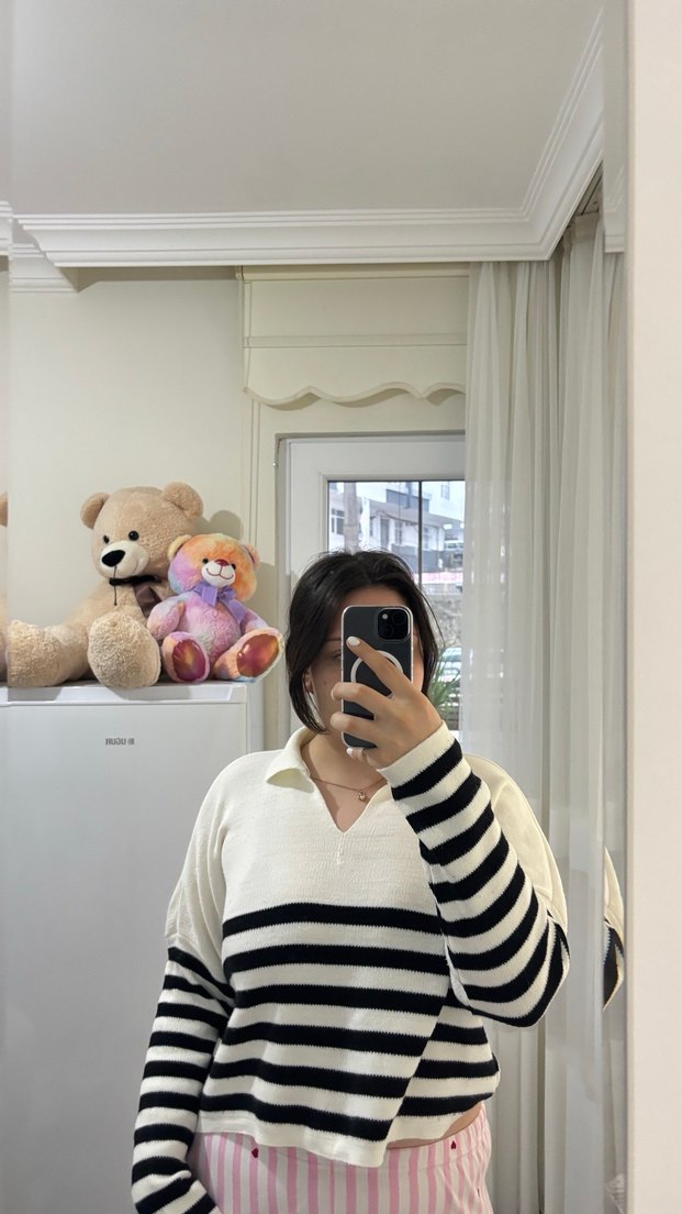 Çizgili Beyaz Triko Kadın Kazak - Görsel 5