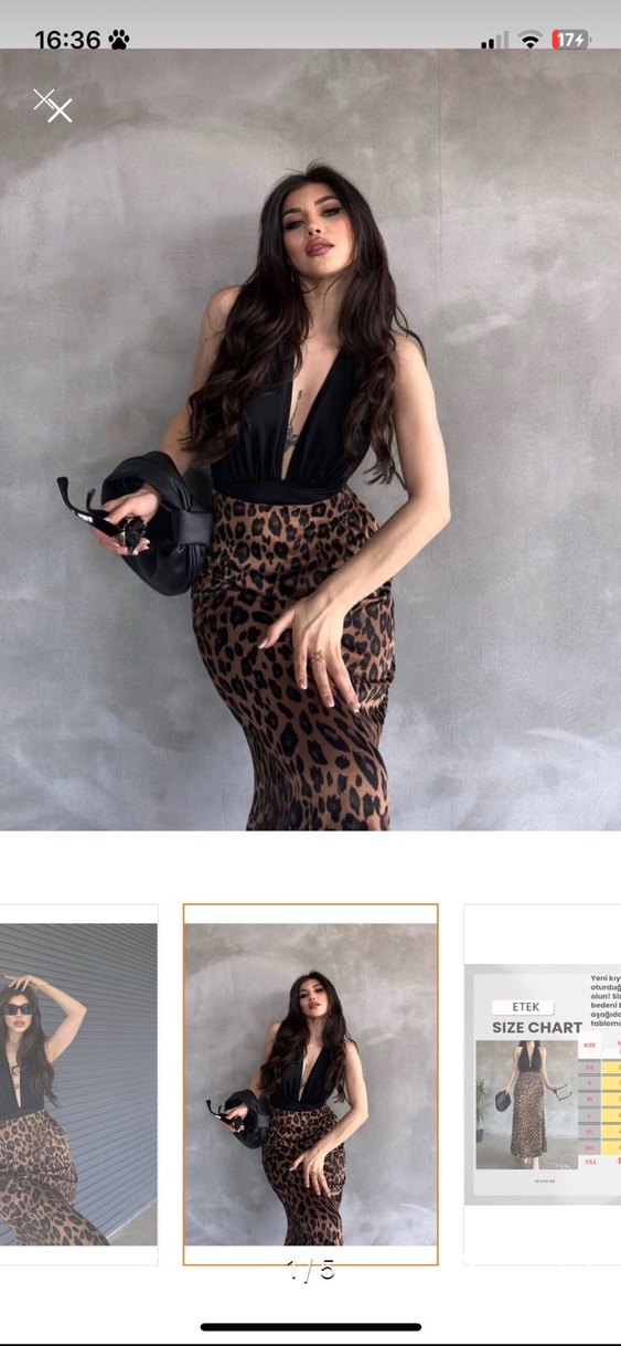 Leopar Desenli Saten Uzun Drapeli Elbise - Görsel 3