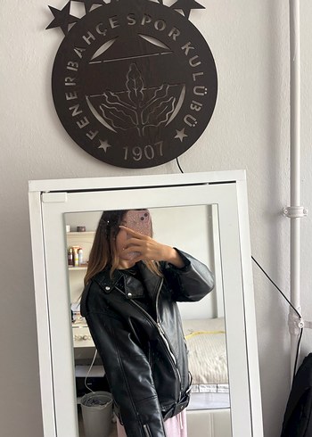 m Beden Siyah Parlak Biker Deri Kadın Ceket