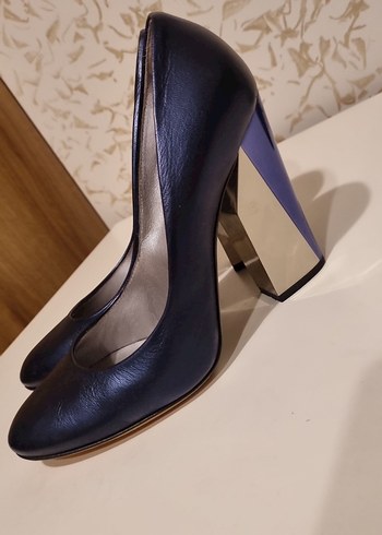 lacivert kösele italyan Kadın Kalın Topuklu topugun yarısı metal - Görsel 3