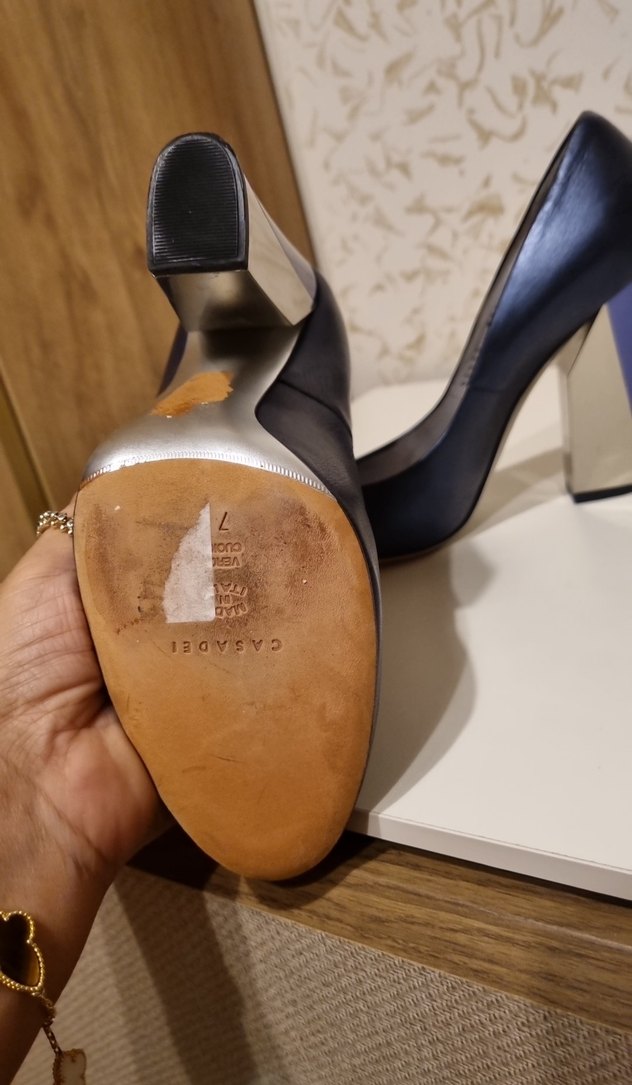 lacivert kösele italyan Kadın Kalın Topuklu topugun yarısı metal - Görsel 4