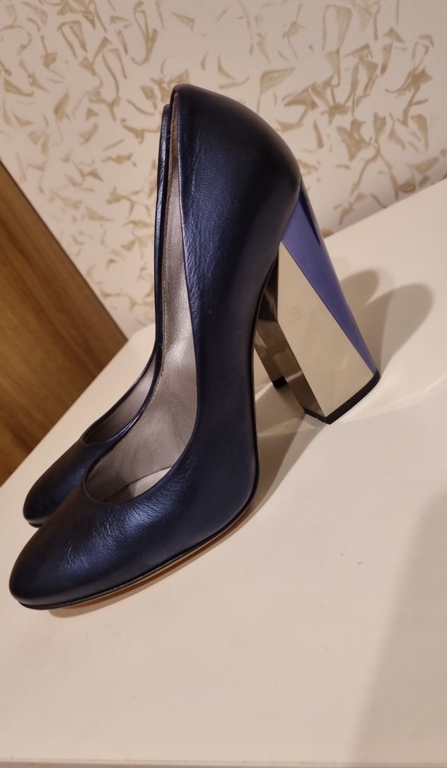 lacivert kösele italyan Kadın Kalın Topuklu topugun yarısı metal - Görsel 3