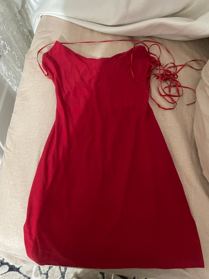 Parlak Kırmızı İp Askılı Mini Elbise - Görsel 2