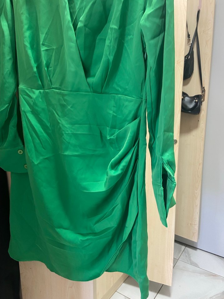 Parlak Yeşil Uzun Kollu Midi Kadın Elbise - Görsel 2