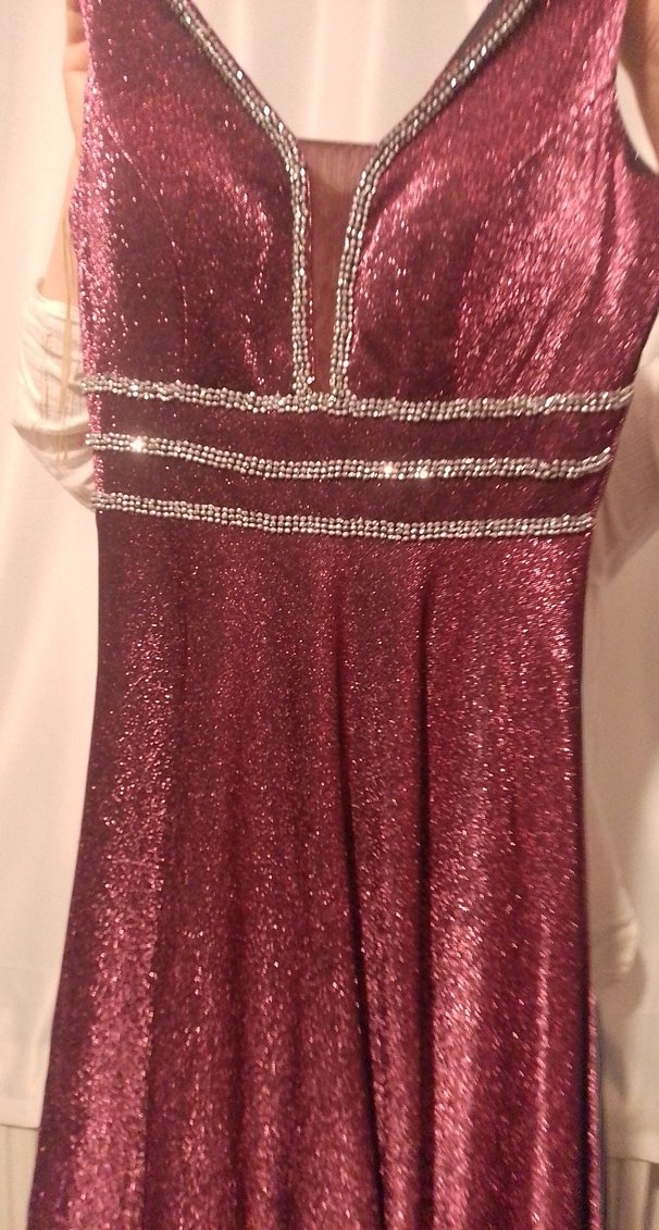 Bordo V Yakalı Uzun Parlak Abiye Elbise - Görsel 2