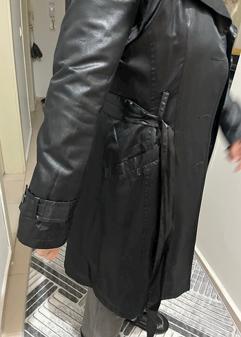 Siyah Deri Kemerli Midi Trençkot vintage - Görsel 2