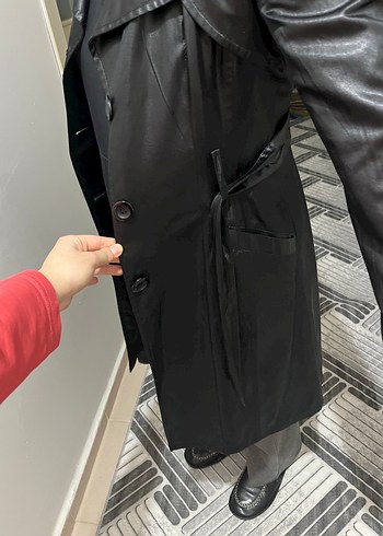 Siyah Deri Kemerli Midi Trençkot vintage - Görsel 3