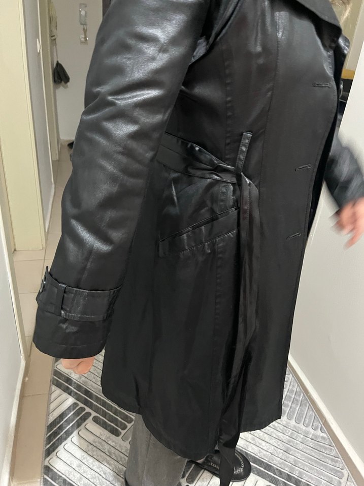 Siyah Deri Kemerli Midi Trençkot vintage - Görsel 2