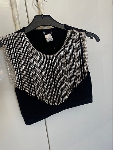 xs Beden siyah Renk Zara swaroski taşlı crop top