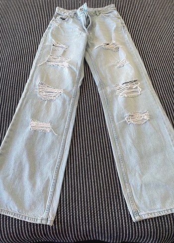 Kadın Mavi Yırtık Bol Kesim Denim Pantolon - Görsel 2