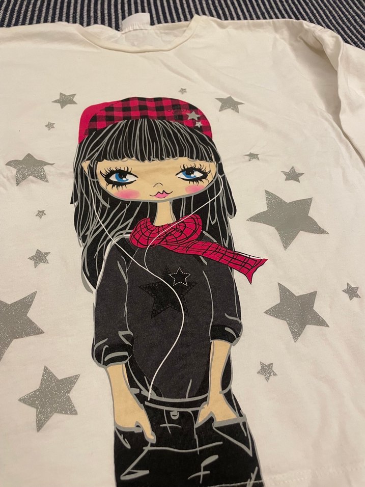 Beyaz Kız Çocuk Uzun Kollu Baskılı Tişört - Görsel 2