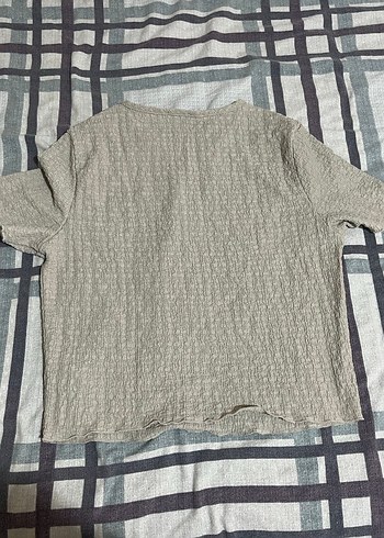 Bej Kısa Kollu Örgü Kadın Keten Gömlek - Görsel 2