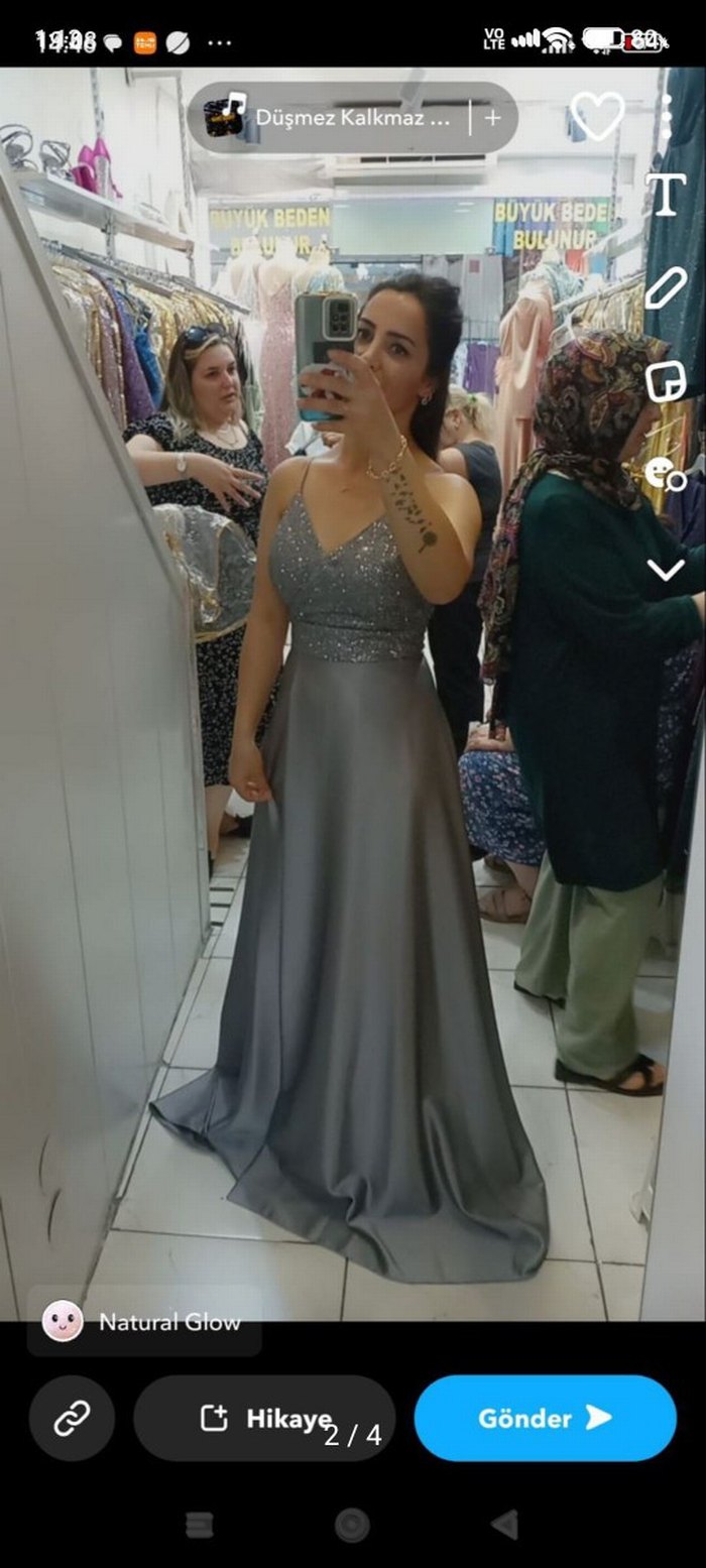 Uzun Gri V Yaka Kadın Abiye nişan söz Elbisesi - Görsel 2