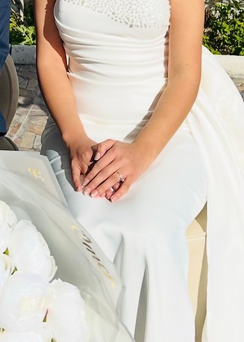 Straplez Beyaz Uzun Düz Gelinlik, Nişan elbisesi, söz elbisesi - Görsel 6