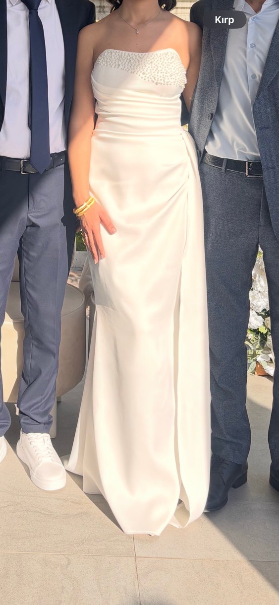 Straplez Beyaz Uzun Düz Gelinlik, Nişan elbisesi, söz elbisesi - Görsel 2