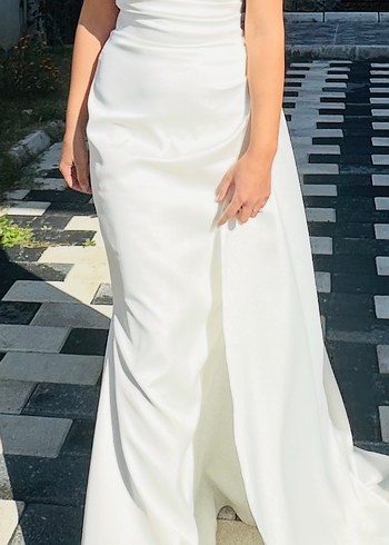 Beyaz Drapeli Straplez Uzun Gelinlik, nişan elbisesi, söz elbise - Görsel 7