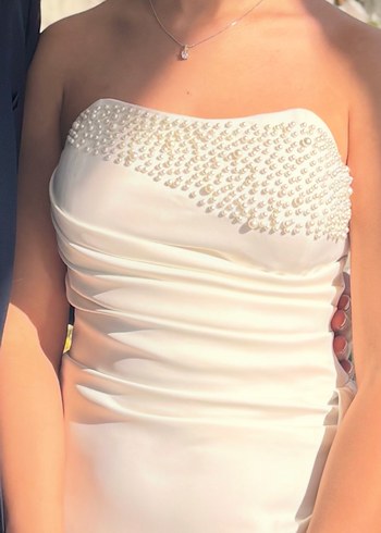 Beyaz Drapeli Straplez Uzun Gelinlik, nişan elbisesi, söz elbise - Görsel 3