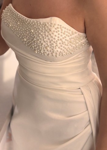 Beyaz Drapeli Straplez Uzun Gelinlik, nişan elbisesi, söz elbise - Görsel 4