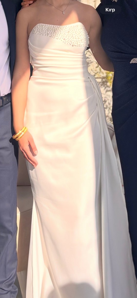 Beyaz Drapeli Straplez Uzun Gelinlik, nişan elbisesi, söz elbise - Görsel 2