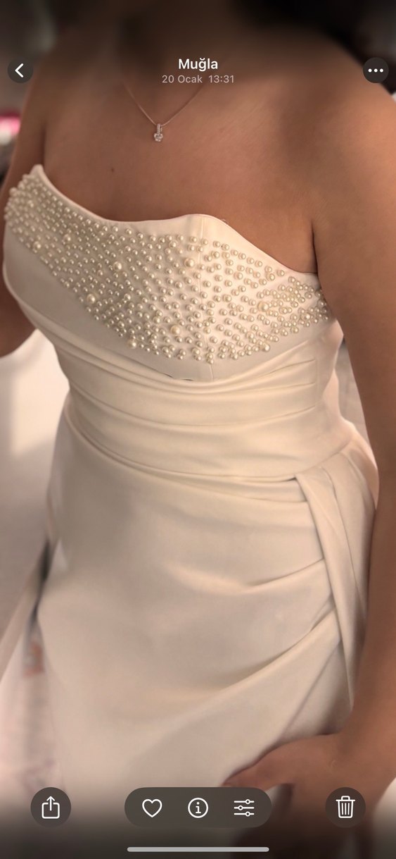 Beyaz Drapeli Straplez Uzun Gelinlik, nişan elbisesi, söz elbise - Görsel 4