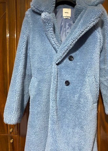 Düğmeli Uzun Mavi Kadın Kaban - Görsel 3