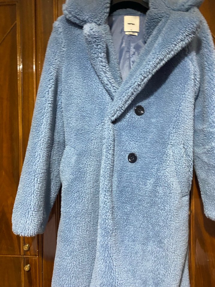 Düğmeli Uzun Mavi Kadın Kaban - Görsel 3