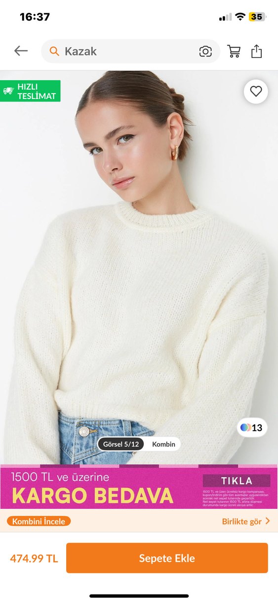 Kadın Beyaz Örgü Crew Neck Kazak - Görsel 2