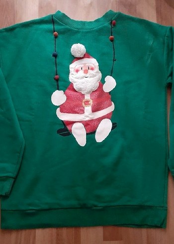 Renkli Noel Baba Desenli Yeşil Sweatshirt - Görsel 3