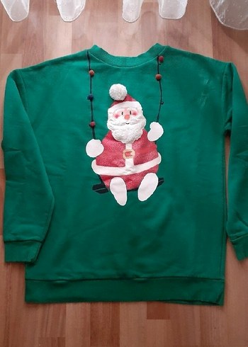 Renkli Noel Baba Desenli Yeşil Sweatshirt - Görsel 2
