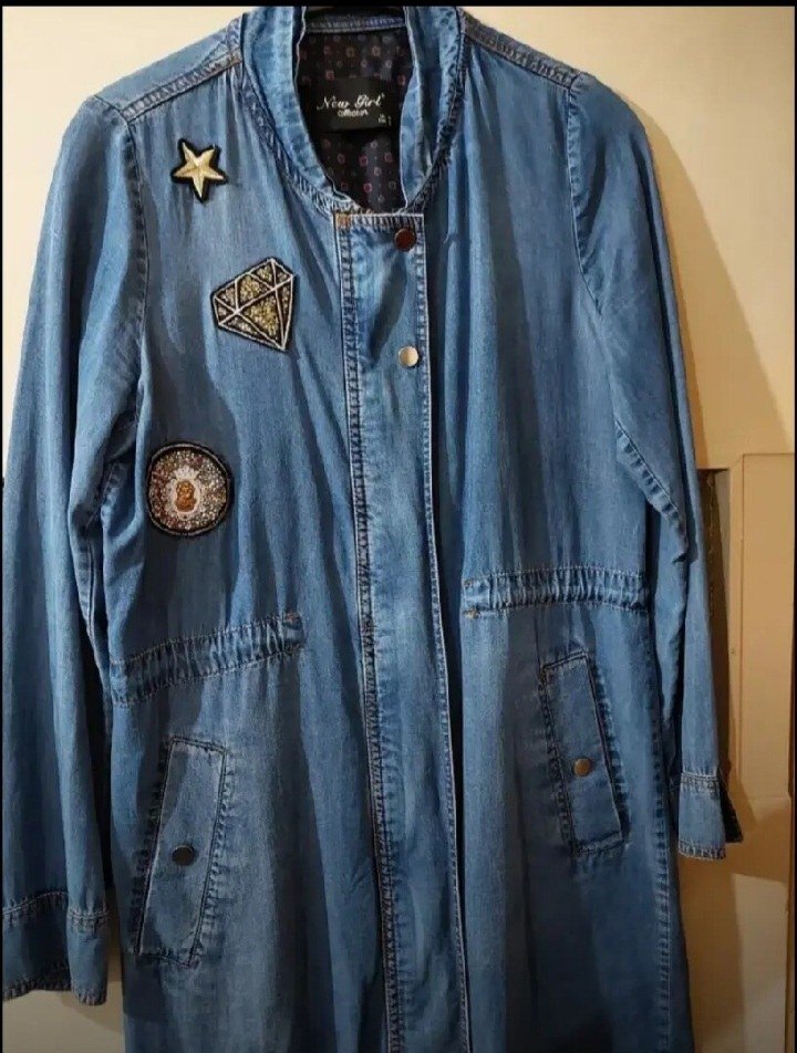 Kadın Mavi Uzun Kot Ceket Nakışlı - Görsel 2