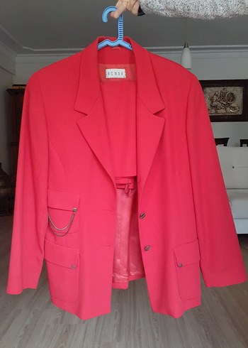 Düğmeli Kırmızı Kadın Blazer Ceket etekli Takım - Görsel 2