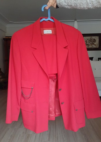 Düğmeli Kırmızı Kadın Blazer Ceket etekli Takım - Görsel 3